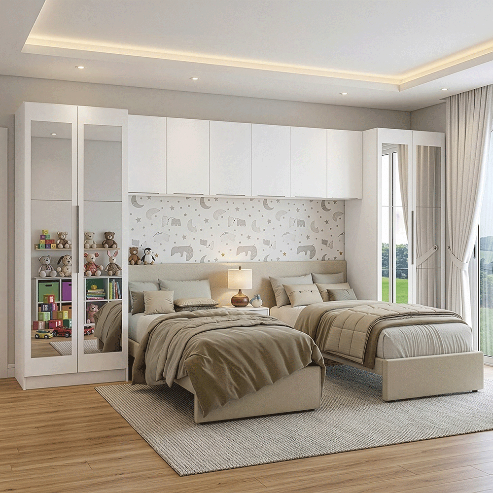 Dormitorio Infantil con 2 Placards con Espejos Neo 3 Alacenas 1 Mesa de Luz Blanco Madesa
