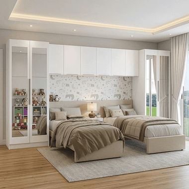 Dormitorio Infantil 400 cm 4 Puertas con 4 Espejos 3 Alacenas y 1 Mesa de Luz Blanco Neo Madesa