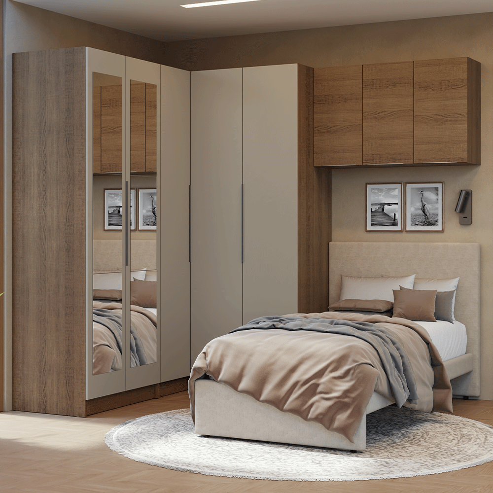 Dormitorio Completo Individual Esquinero 415 cm Placard con Espejos Marrón/Crema Neo Madesa 02