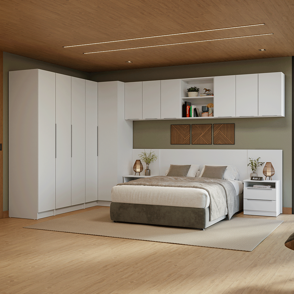 Dormitorio Completo Matrimonial de Esquina 580 cm Mesa de Luz Neo Blanco