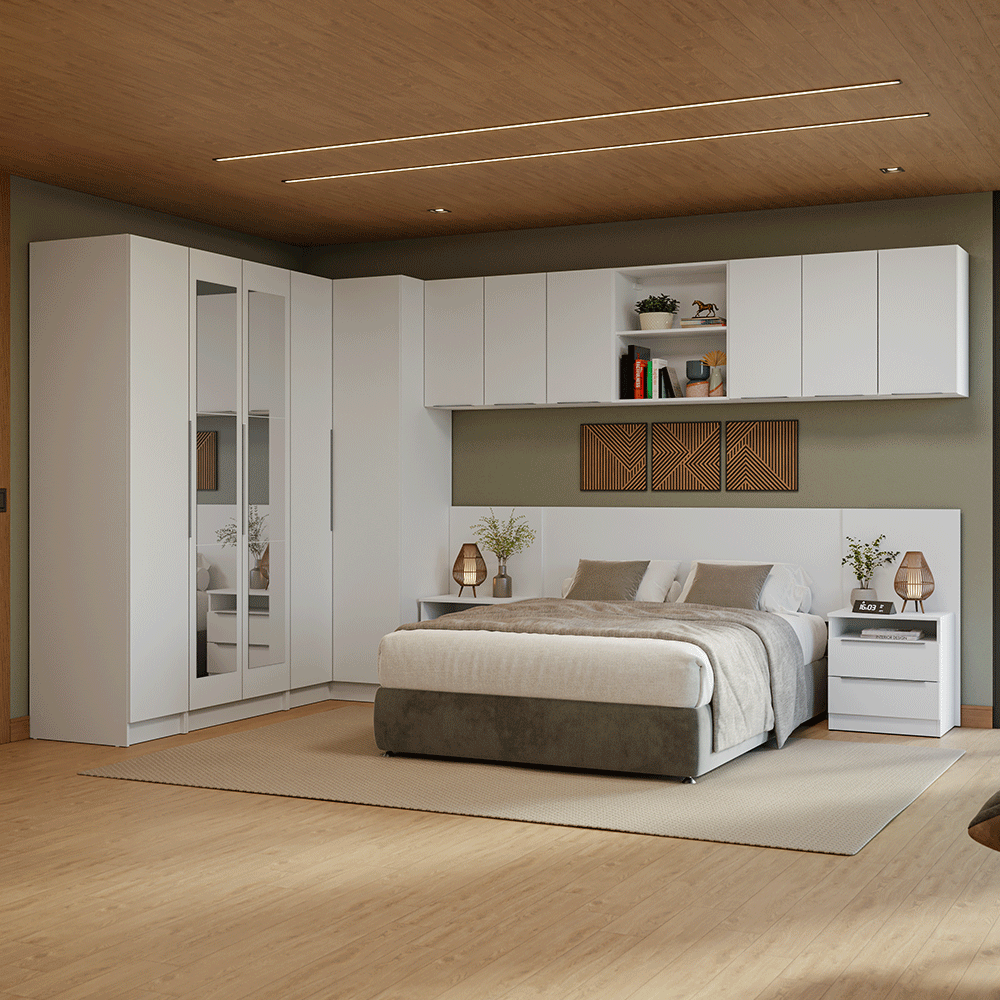 Dormitorio Completo Matrimonial Madesa Neo 580 cm con Ropero Esquinero con Espejos Blanco