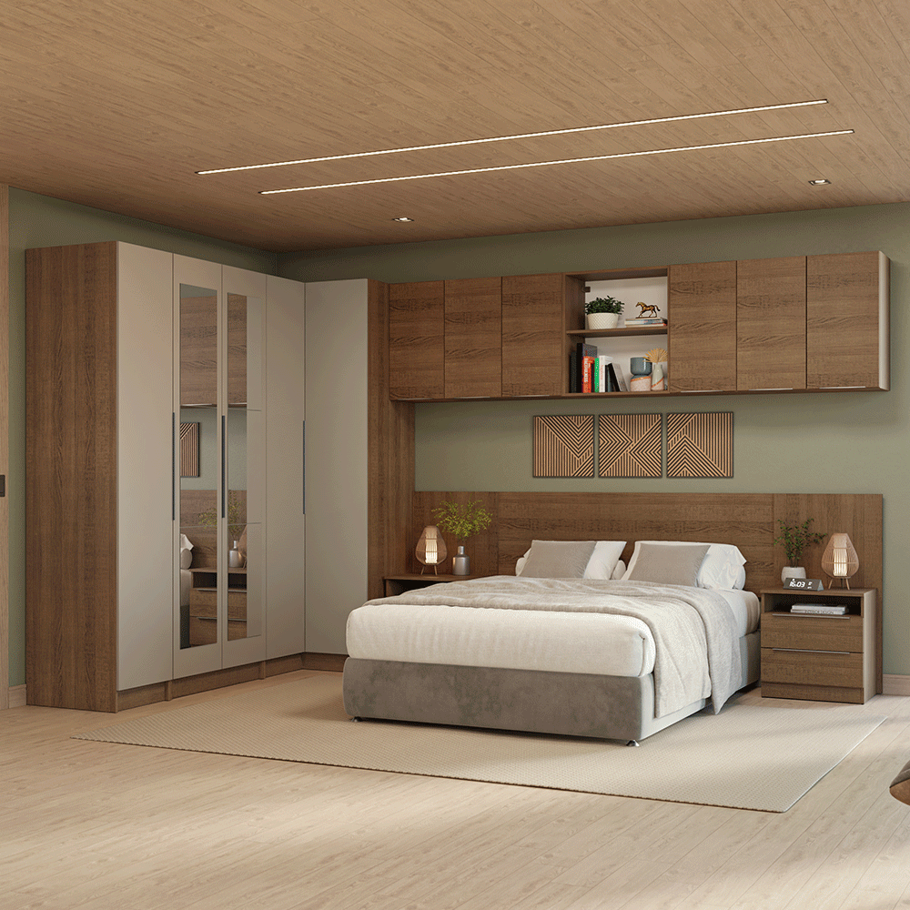 Dormitorio Completo Matrimonial 580 cm Placard Esquinero con Espejos Marrón/Crema Neo Madesa 02