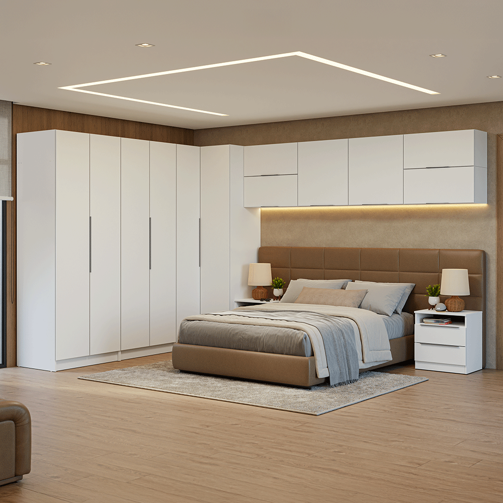 Dormitorio Completo Matrimonial de Esquina 610 cm Mesa de Luz Neo Blanco