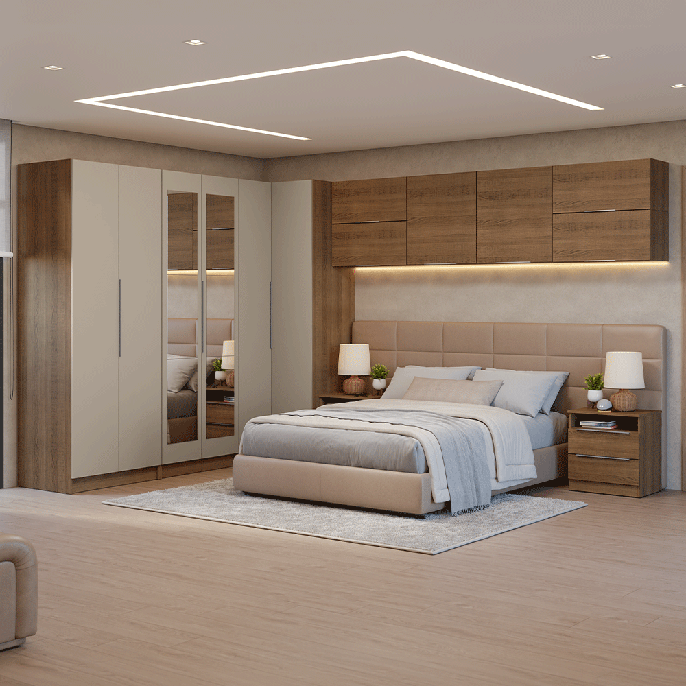 Dormitorio Completo Matrimonial Esquinero 610 cm con Respaldo de Cama Marrón/Crema Neo Madesa