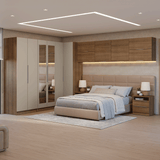 Dormitorio Completo Matrimonial Esquinero 610 cm con Respaldo de Cama Marrón/Crema Neo Madesa