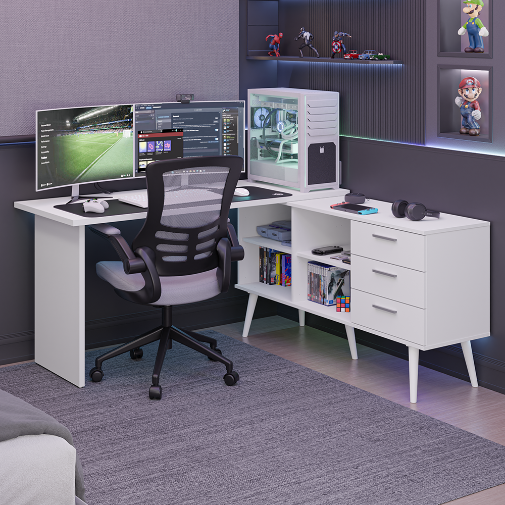 Mesa Gamer em L 3 Cajones Blanco Lisboa Madesa