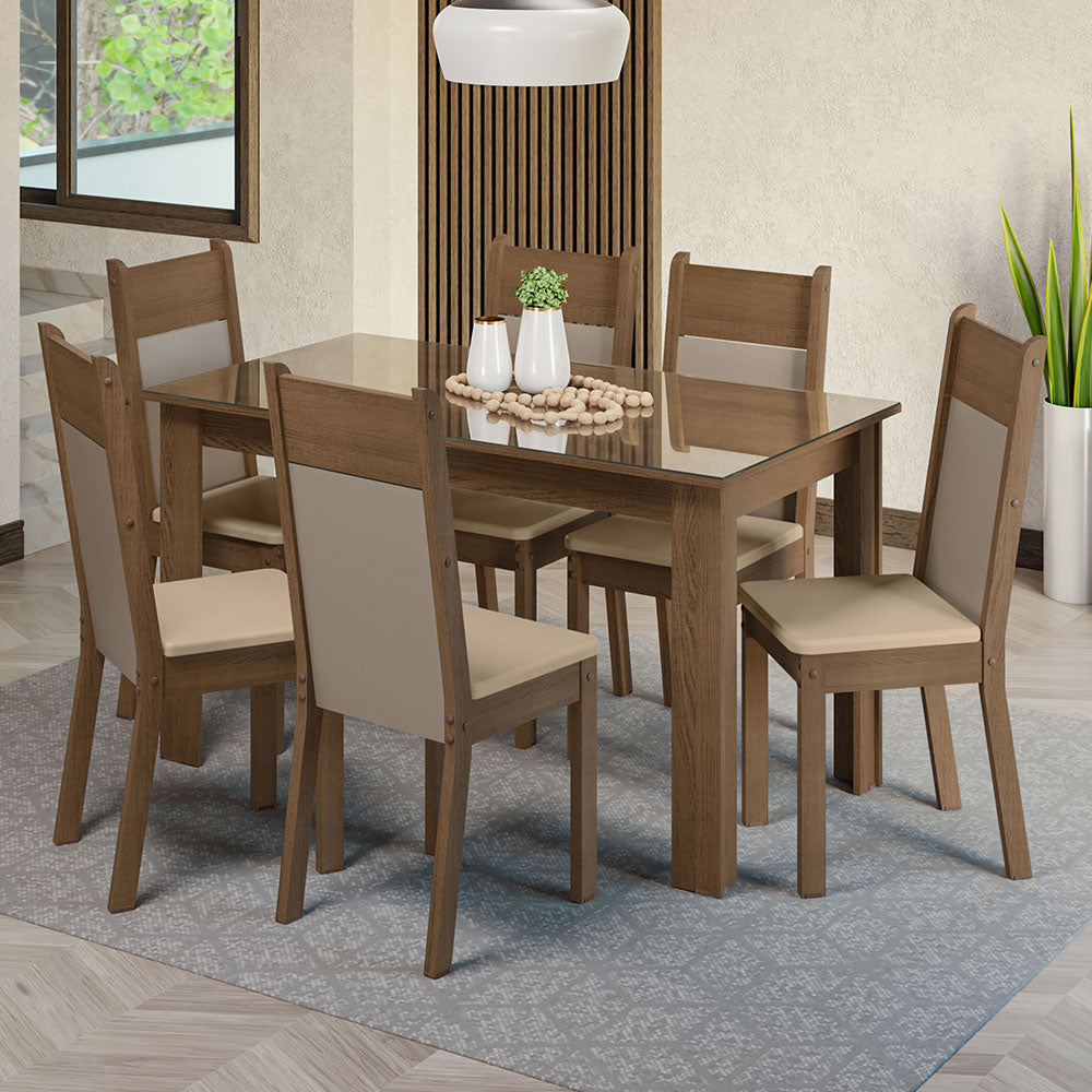 Conjunto Comedor Mesa Mesada de Vidro 6 Sillas Marrón/Crema/Bege Dora Madesa