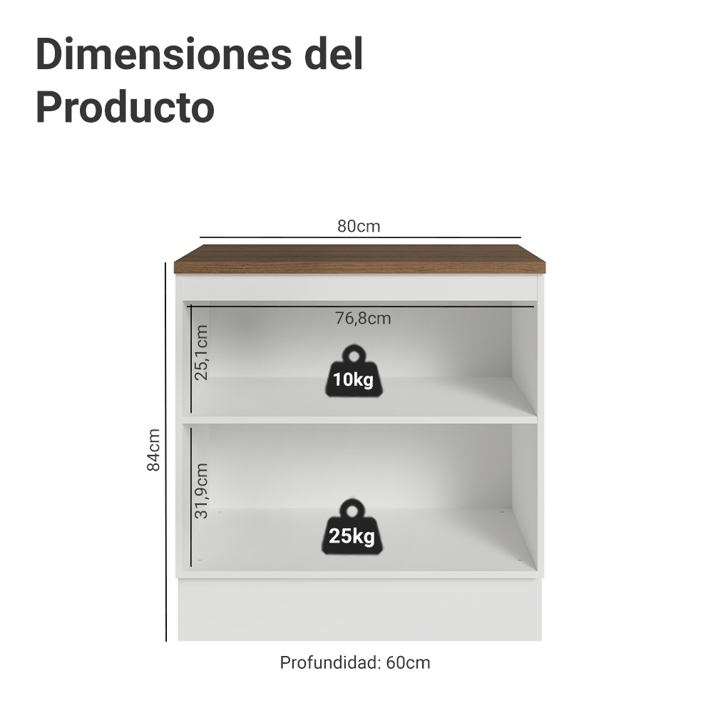 Bajo Mesada de Cocina 80 x 60 cm 2 Puertas (con Mesada) Blanco/Marrón Vik Madesa