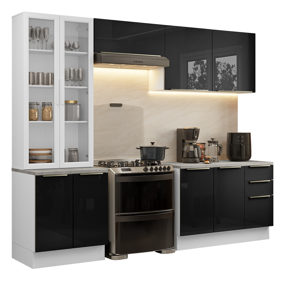 Combo completo de Cocina 270 cm con Cristalero 9 Puertas 3 Cajones Blanco/Negro Lux Madesa