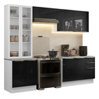 Combo completo de Cocina 270 cm con Cristalero 9 Puertas 3 Cajones Blanco/Negro Lux Madesa
