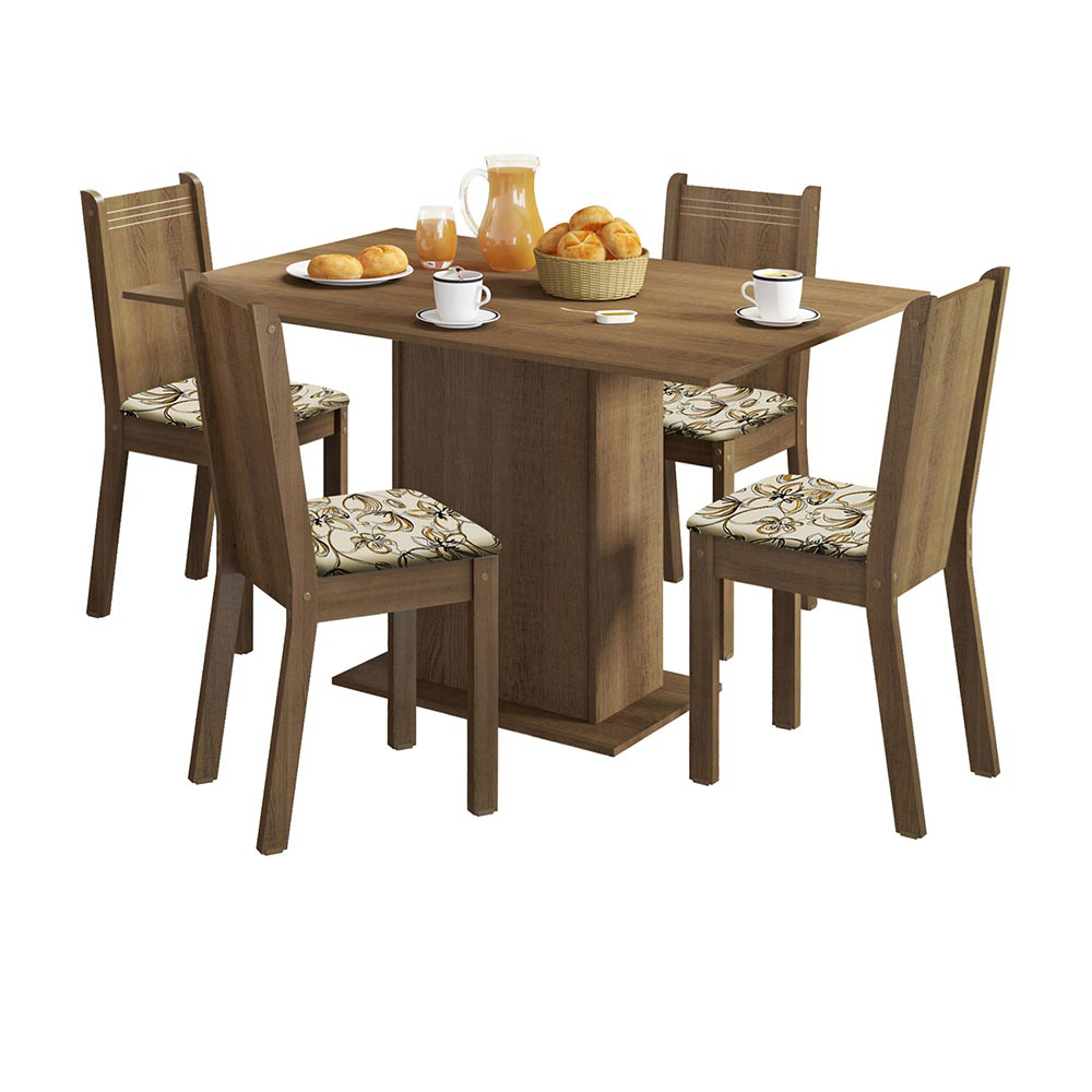 Juego de Comedor Lexy Madesa Mesa Tapa de Madera con 4 Sillas Marrón/Floral Lírio Beige