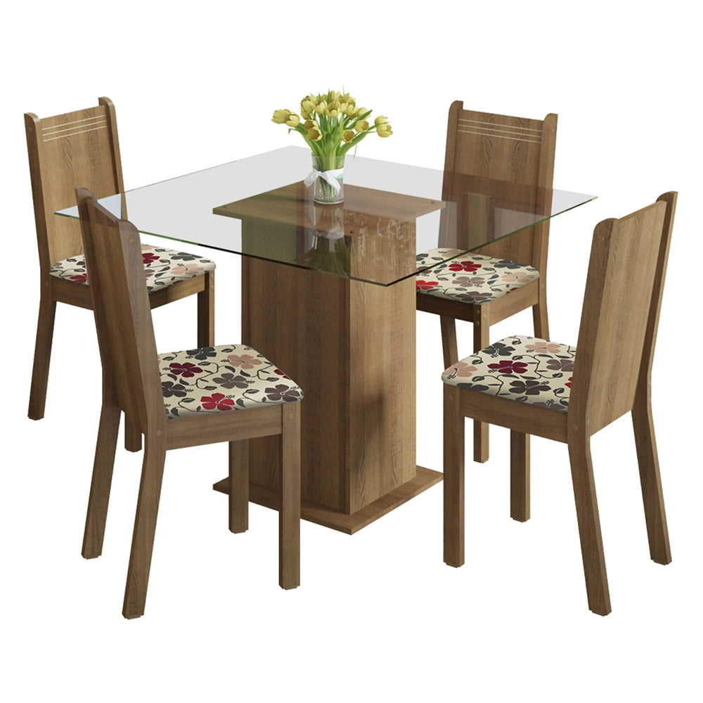 Juego de Comedor con Tapa de Vidrio 4 Sillas Marrón/Hibiscos Magda