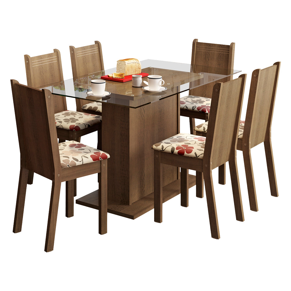 Juego de Comedor Madesa Gales Mesa Tapa de Vidrio con 6 Sillas Marrón/Floral Hibiscos