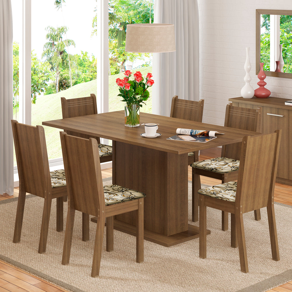 Juego de Comedor Megan Mesa Rectangular Tapa de Madera con 6 Sillas Marrón/Lírio Beige Madesa