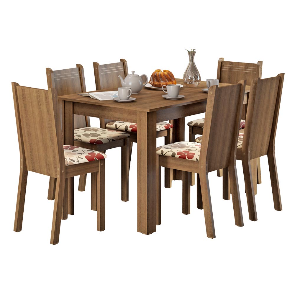 Juego de Comedor Madesa Maris Mesa Tapa de Madera con 6 Sillas Marrón/Floral Hibiscos