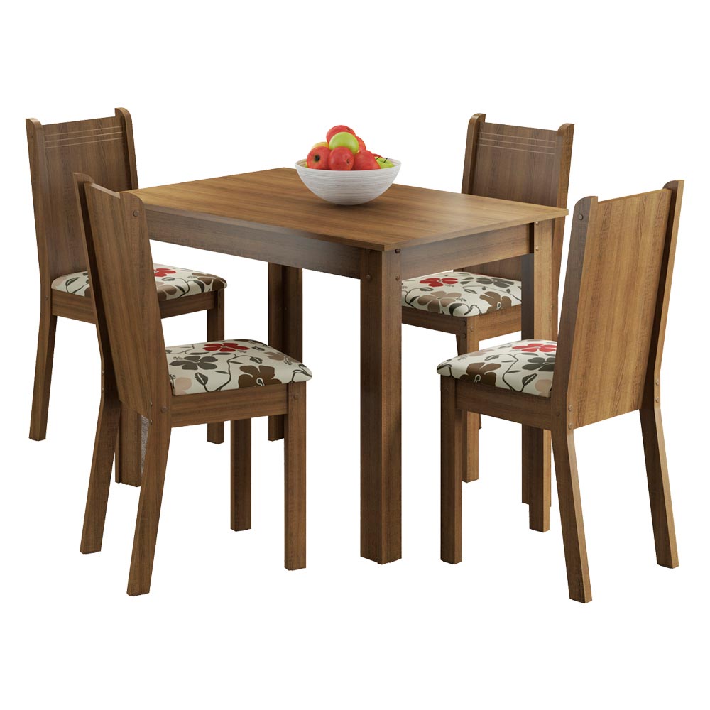 Juego de Comedor Madesa Rute Mesa Tapa de Madera con 4 Sillas Marrón/Floral Hibiscos