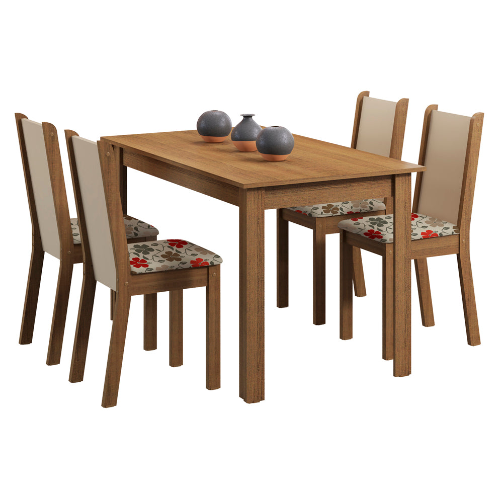 Juego de Comedor Madesa Bea Mesa Tapa de Madera con 4 Sillas Marrón/Crema/Floral Hibiscos