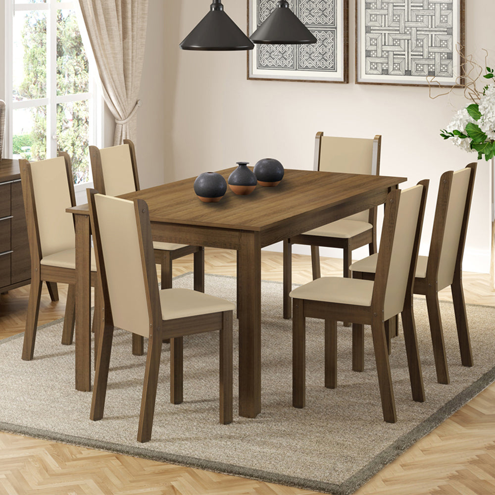 Conjunto Comedor Miriam Mesa Tapa de Madera con 6 Sillas Marrón/Crema/Sintético Beige