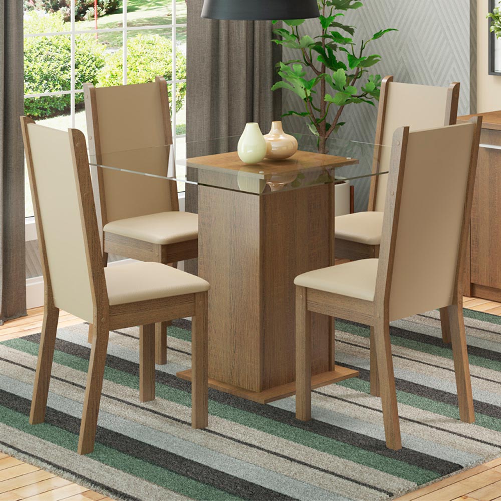Juego de Comedor con Tapa de Vidrio 4 Sillas Marrón/Crema/Beige Aline