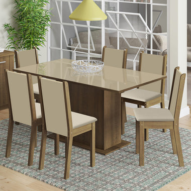 Juego de Comedor Mesa Rectangular Tapa de Vidrio Sobrepuesto 6 Sillas Marrón/Crema/Sintético Beige Moscou Madesa