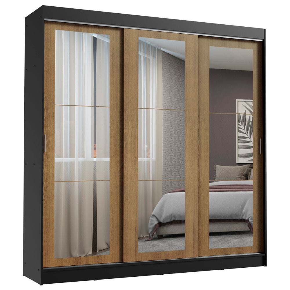 Placard Ropero Casal Madesa Kansas 3 Puertas Corredizas de Espejo 3 Cajones Negro/Marrón