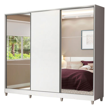 Placard Matrimonial 231 cm 3 Puertas Corredizas 4 Cajones con 2 Espejos y Patas 100% MDF Blanco Royale Madesa