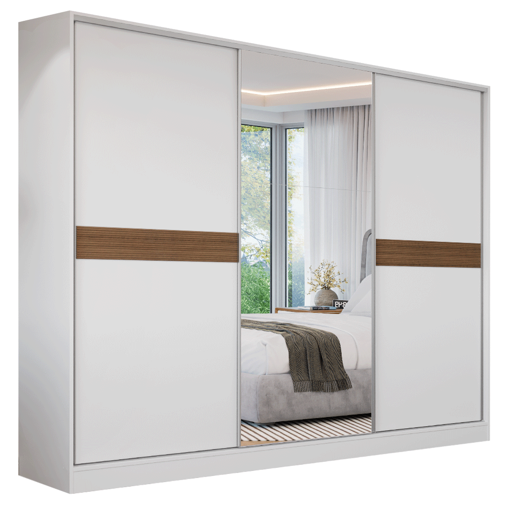 Placard Matrimonial Malta 231 cm 3 Puertas Corredizas con 1 Espejo 4 Cajones con Patas 100% MDF Blanco Madesa