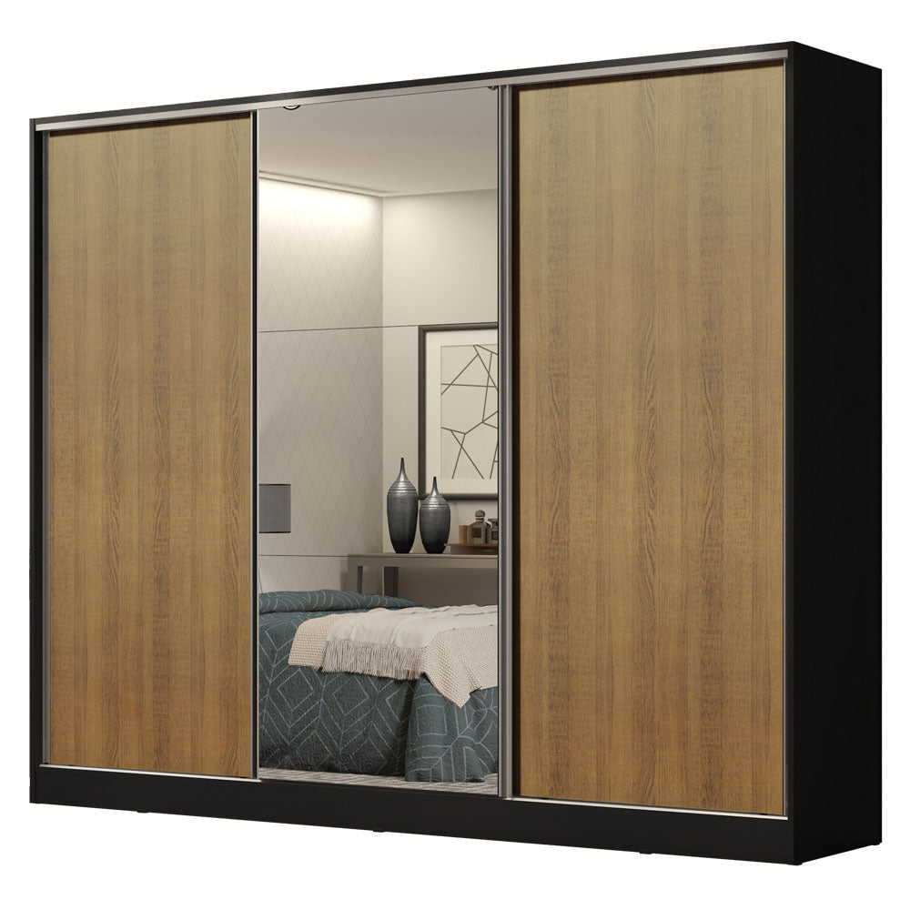 Placard Matrimonial 100% MDF Royale 3 Puertas Corredizas con Espejo Negro/Marrón