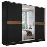 Placard Matrimonial Malta 231 cm 3 Puertas Corredizas con 1 Espejo 4 Cajones con Patas 100% MDF Negro Madesa