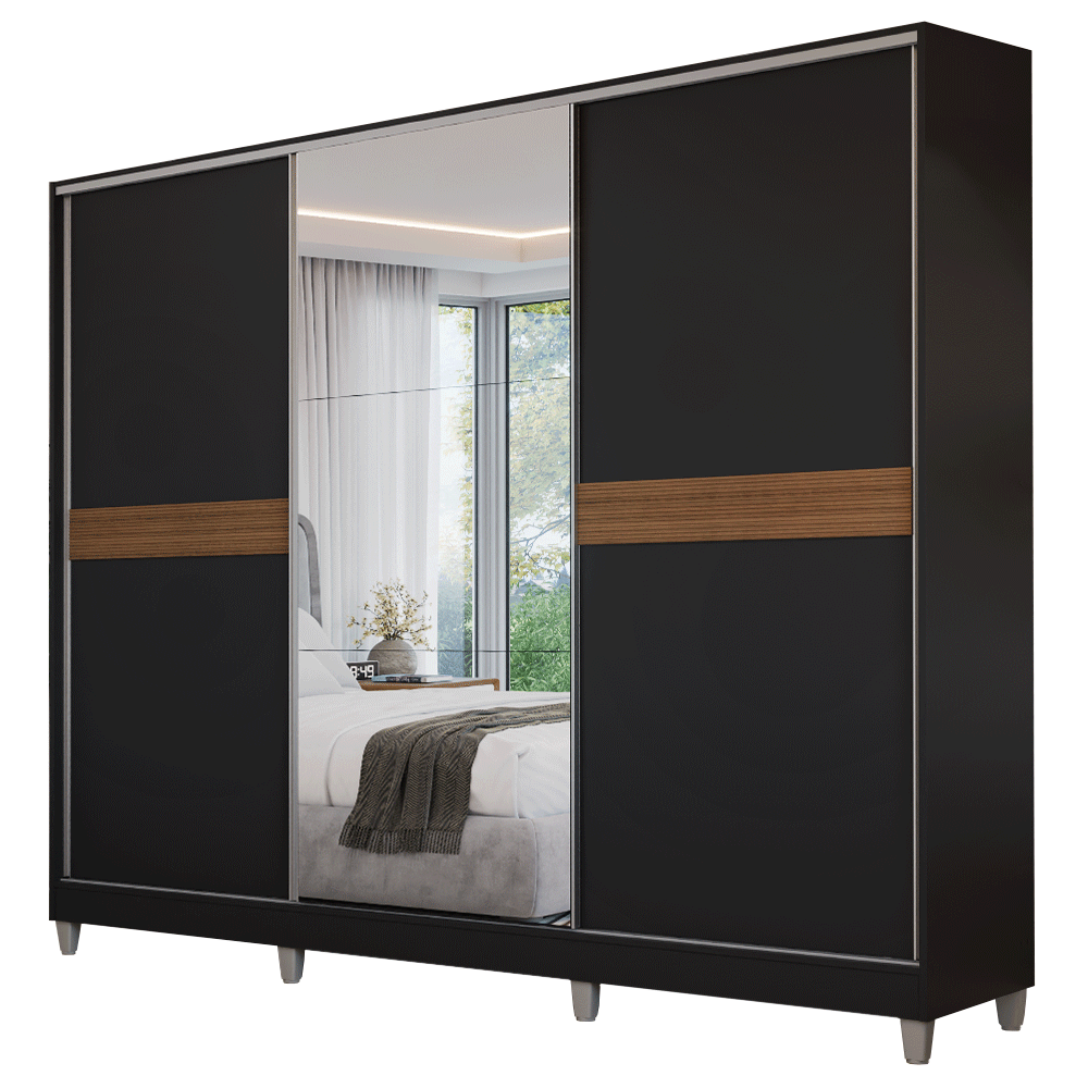 Placard Matrimonial Malta 231 cm 3 Puertas Corredizas con 1 Espejo 4 Cajones con Patas 100% MDF Negro Madesa