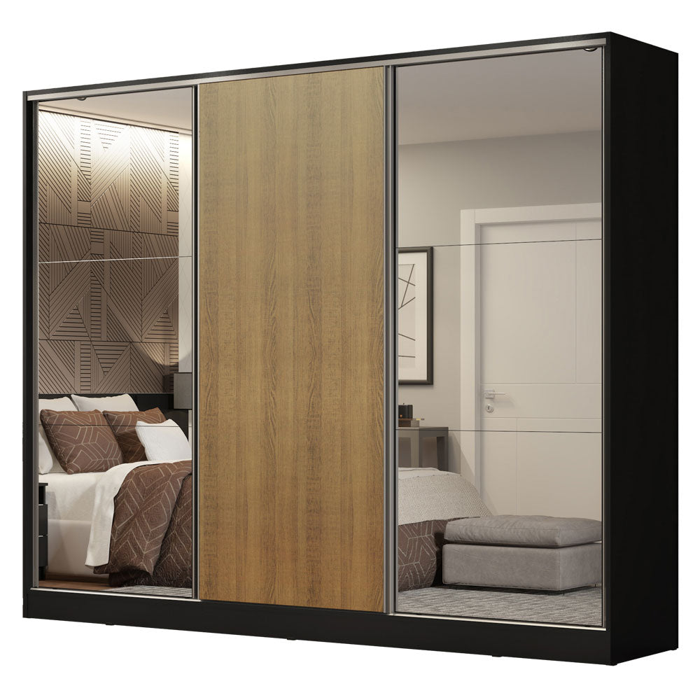 Placard Matrimonial 100% MDF Royale 3 Puertas Corredizas con Espejos Negro/Marrón