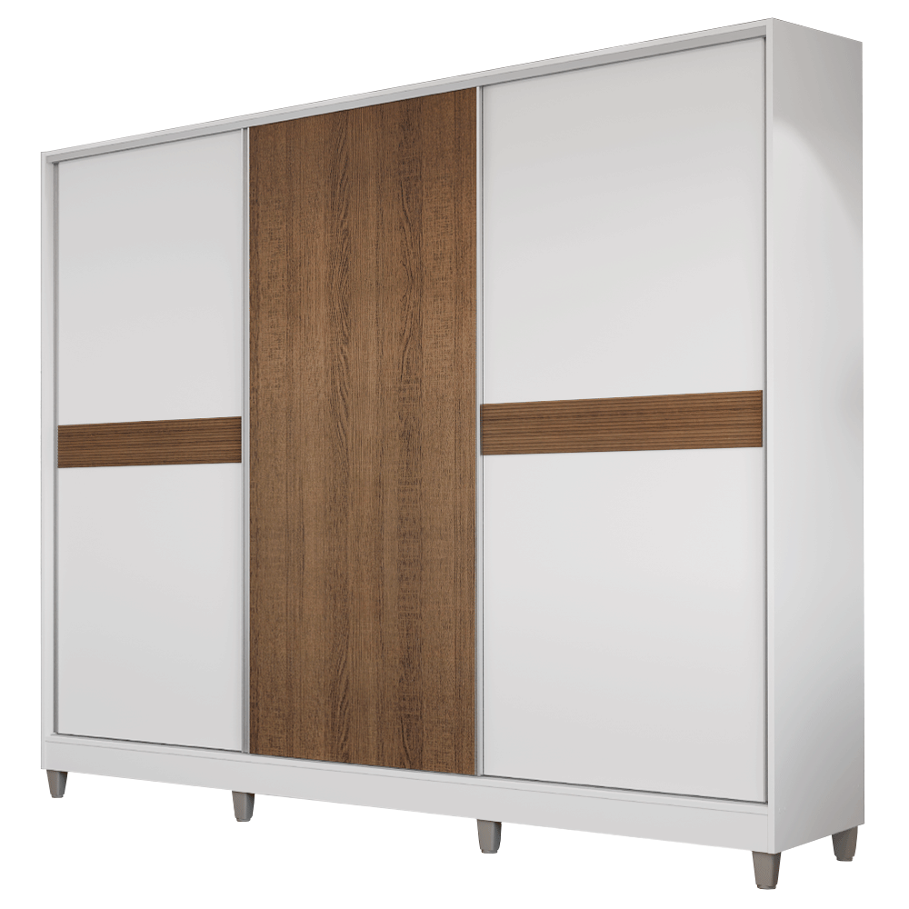 Placard Matrimonial Malta 231 cm 3 Puertas Corredizas 4 Cajones con Patas 100% MDF Blanco/Marrón Madesa