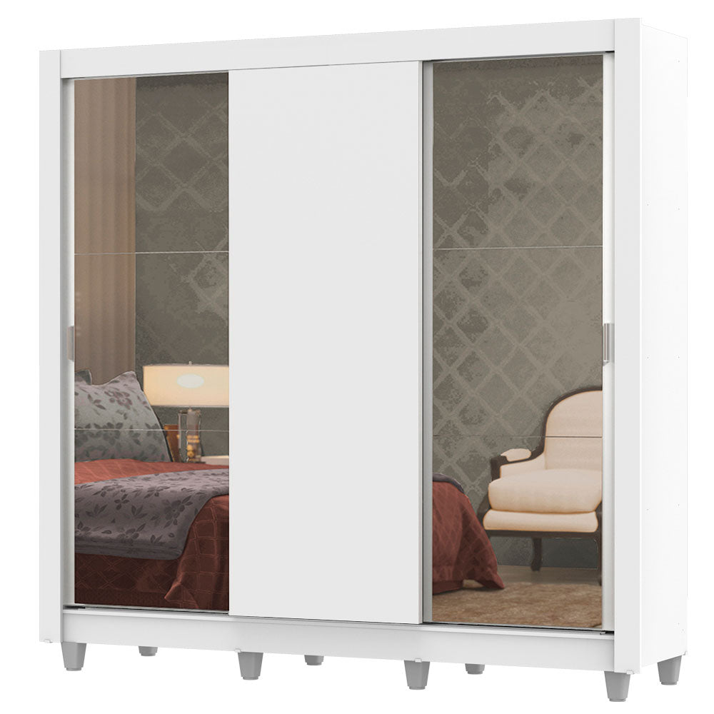 Placard Matrimonial Lyon Plus 3 Puertas Corredizas con Espejos 4 Cajones con Patas Blanco