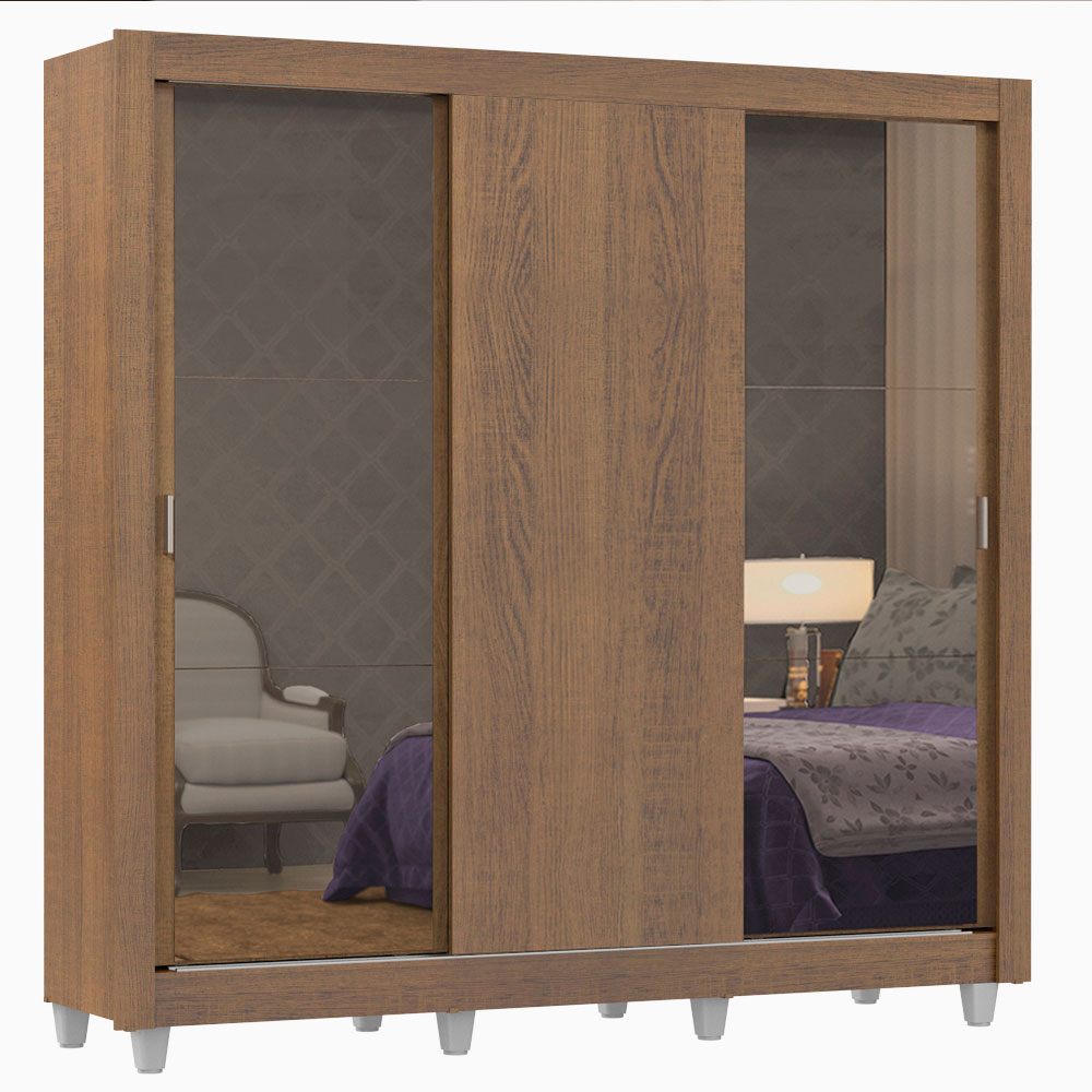 Placard Matrimonial Lyon 3 Puertas Corredizas con Espejos 2 Cajones con Patas Marrón