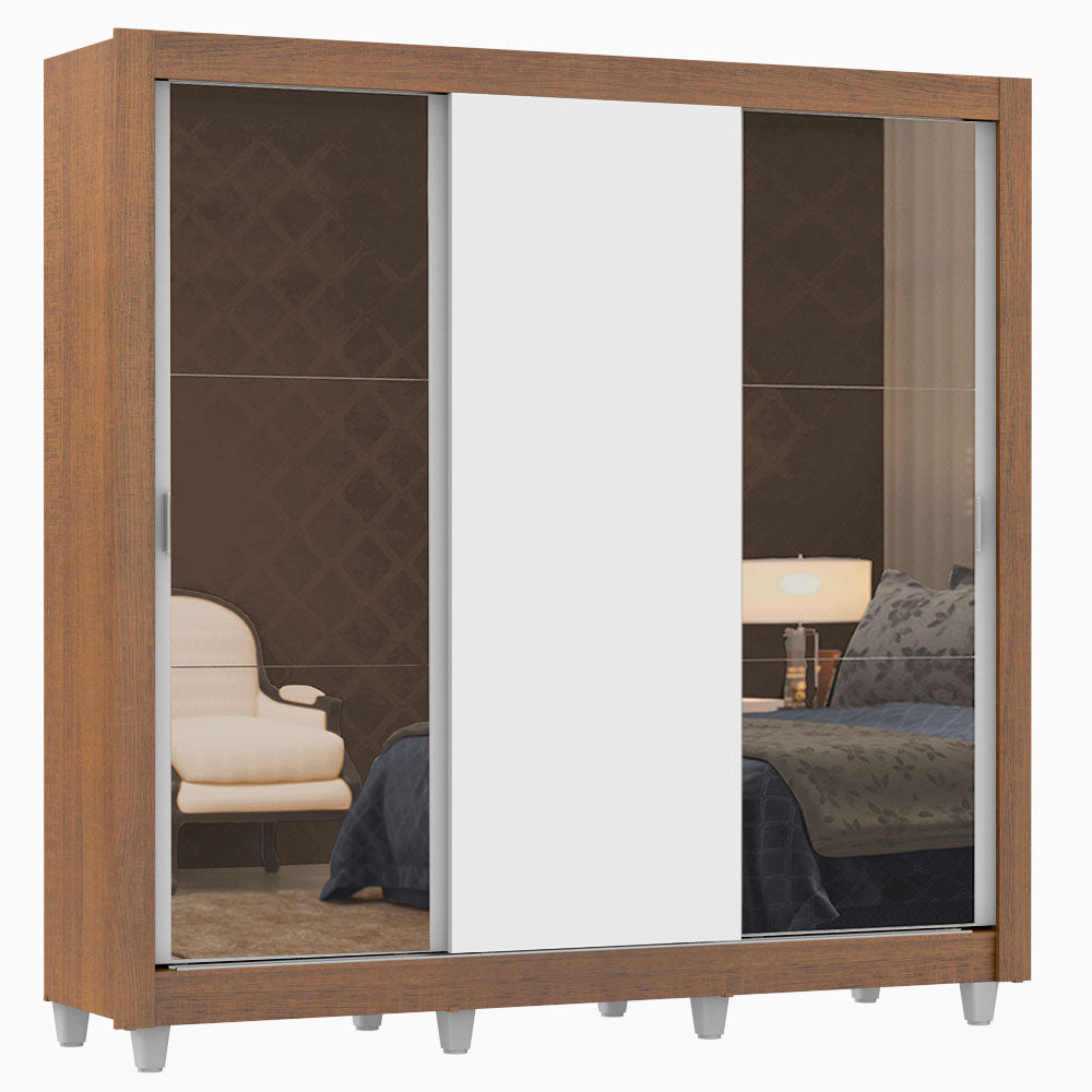 Placard Matrimonial Lyon 3 Puertas Corredizas con Espejos 2 Cajones con Patas Marrón/Blanco