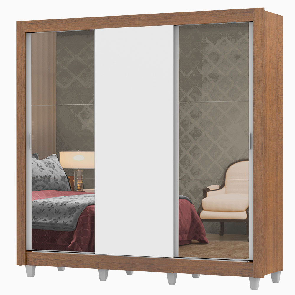 Placard Matrimonial Lyon Plus 3 Puertas Corredizas con Espejos 4 Cajones con Patas Marrón/Blanco