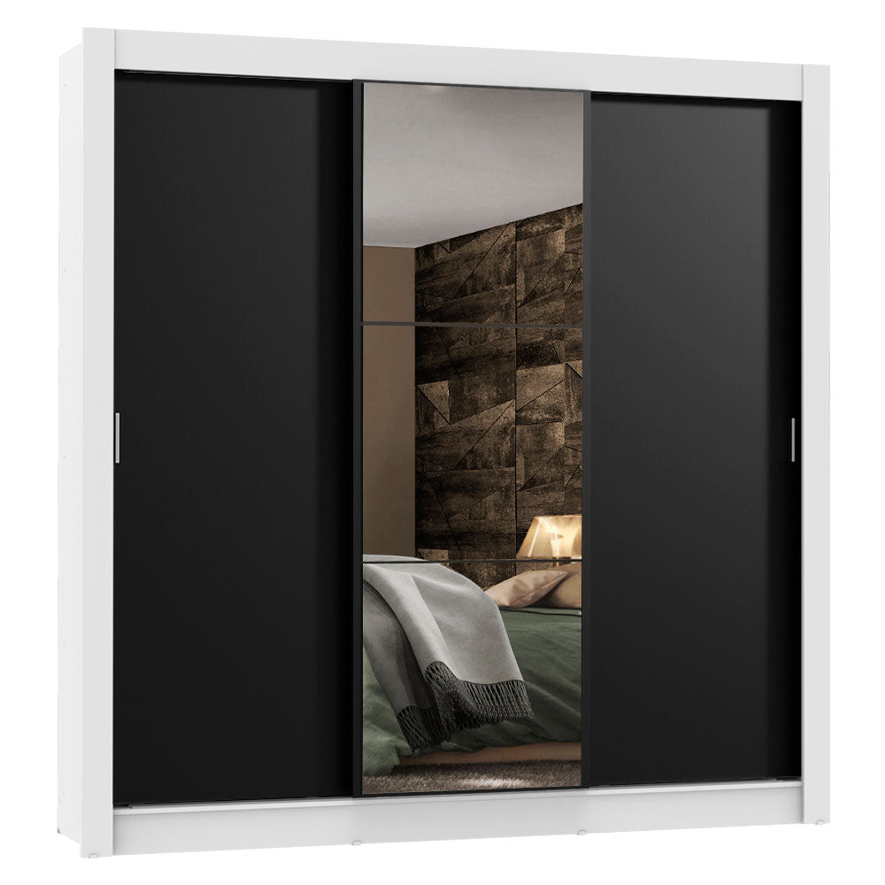 Placard Matrimonial Lyon Plus 3 Puertas Corredizas con Espejos 4 Cajones Blanco/Negro