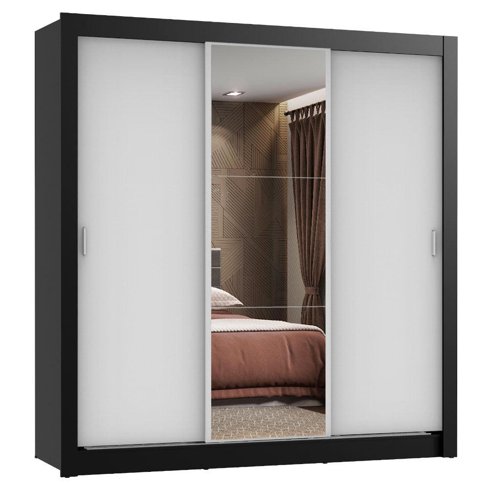 Placard Matrimonial Lyon 3 Puertas Corredizas con Espejo 2 Cajones Negro/Blanco