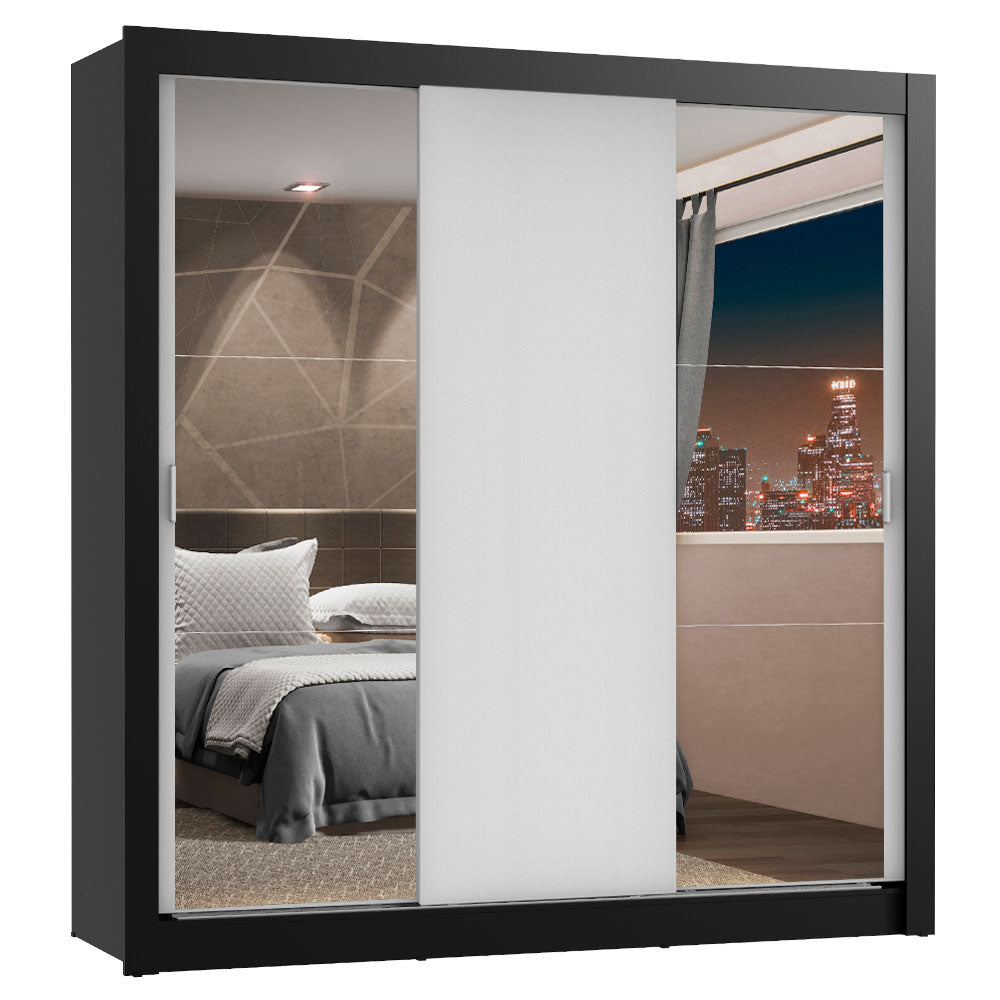Placard Matrimonial Lyon Plus 3 Puertas Corredizas con Espejos 4 Cajones Negro/Blanco