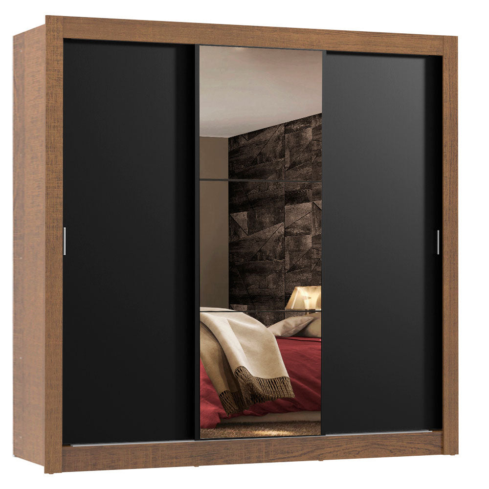 Placard Matrimonial Lyon Plus 3 Puertas Corredizas con Espejo 4 Cajones Marrón/Negro