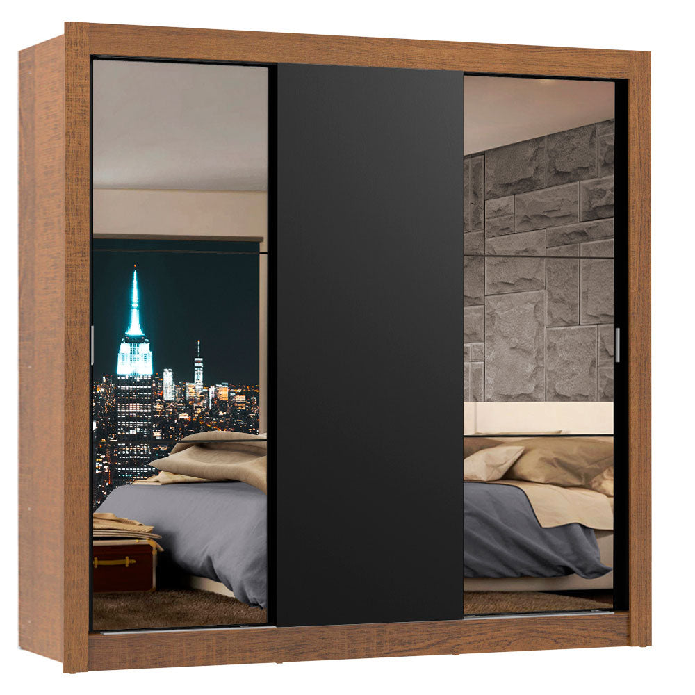 Placard Matrimonial Lyon 3 Puertas Corredizas con Espejos 2 Cajones Marrón/Negro