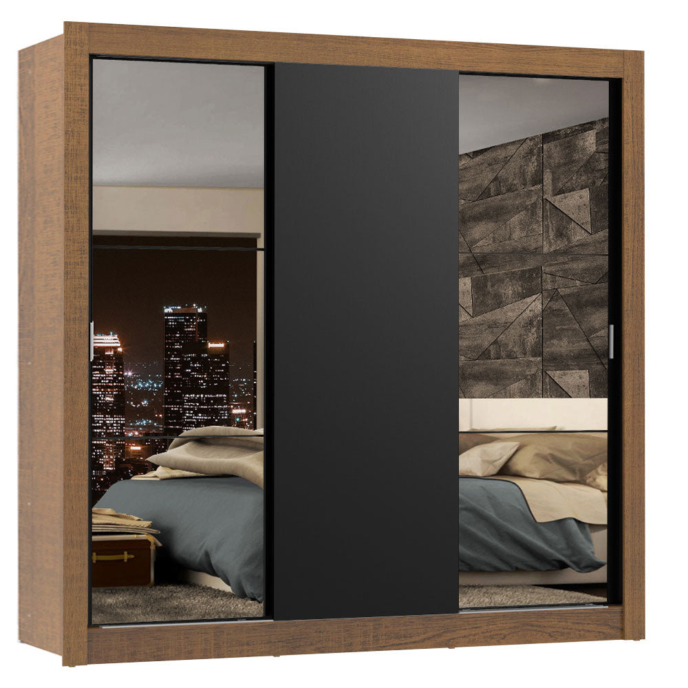 Placard Matrimonial Lyon Plus 3 Puertas Corredizas con Espejos 4 Cajones Marrón/Negro