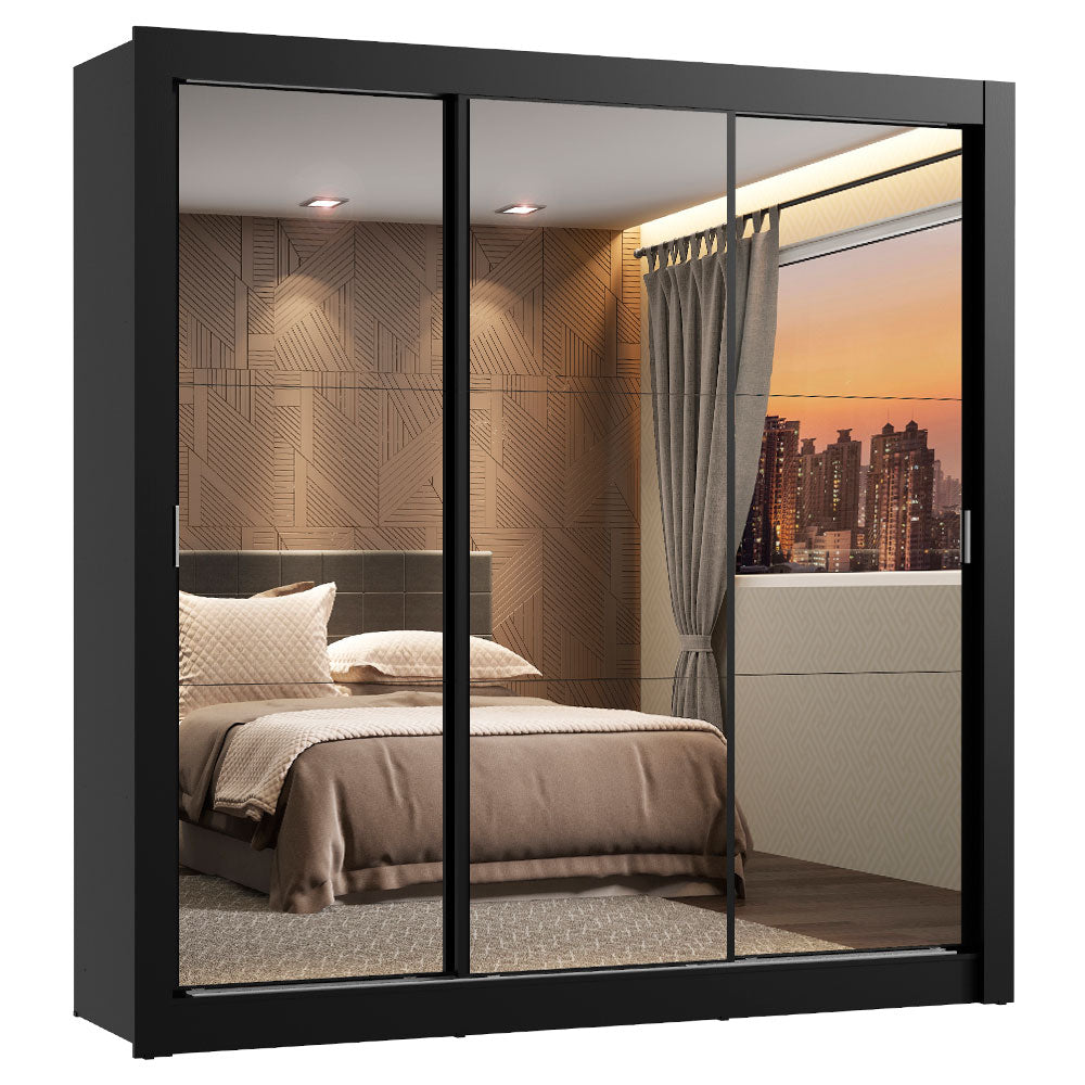 Placard Matrimonial Lyon 3 Puertas Corredizas con Espejo 2 Cajones Negro