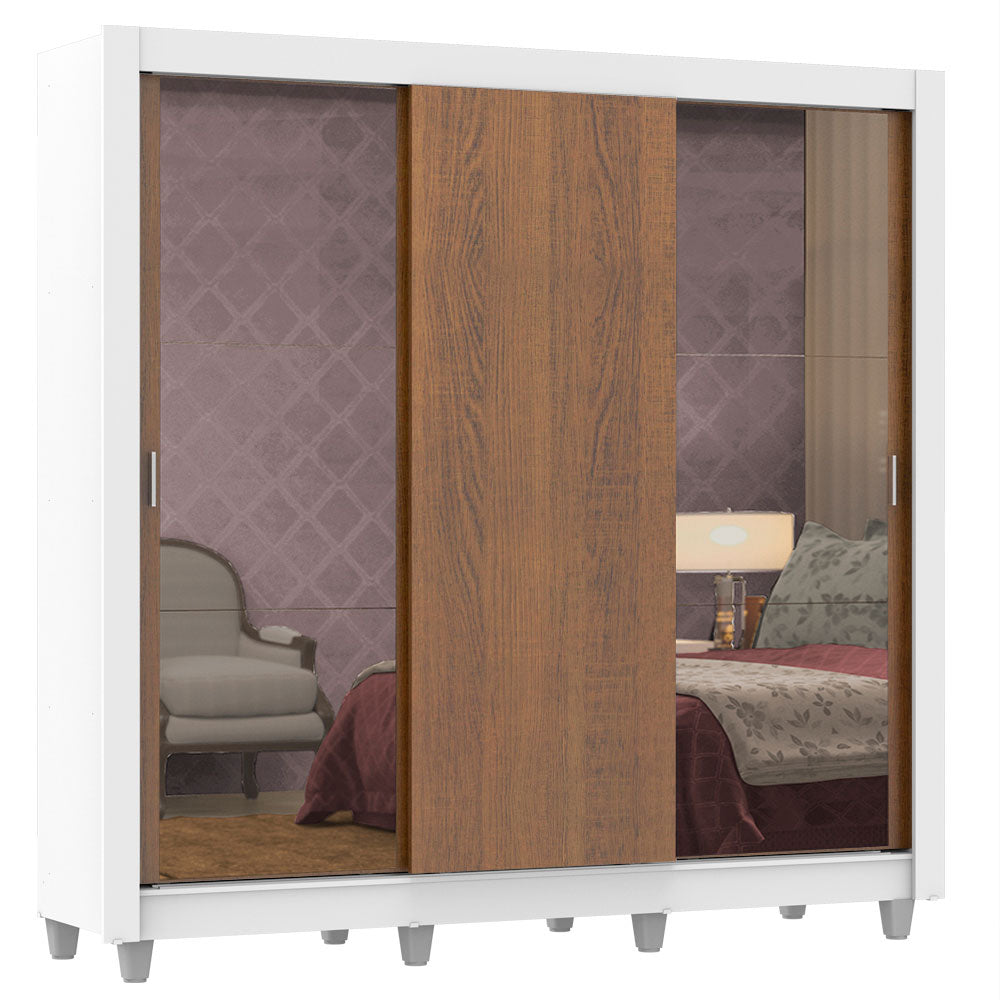 Placard Matrimonial Lyon 3 Puertas Corredizas con Espejos 2 Cajones con Patas Blanco/Marrón