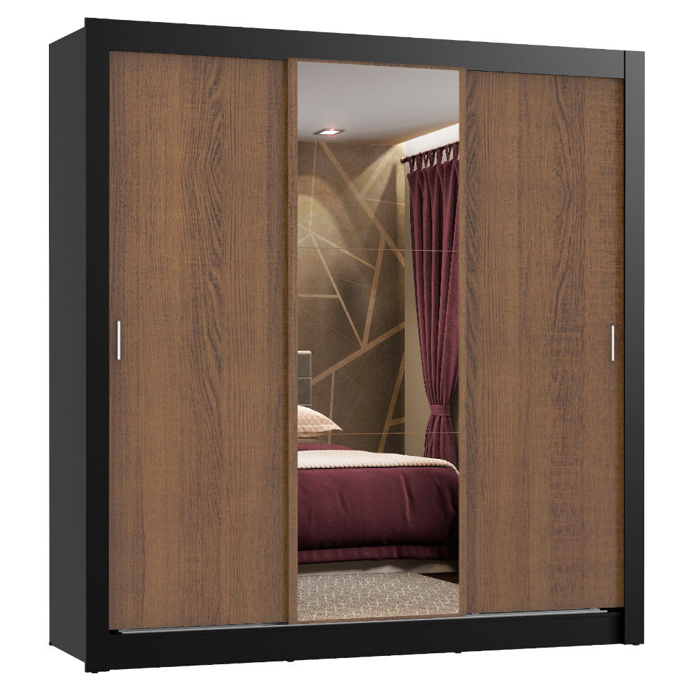 Placard Matrimonial Lyon Plus 3 Puertas Corredizas con Espejo 4 Cajones Negro/Marrón