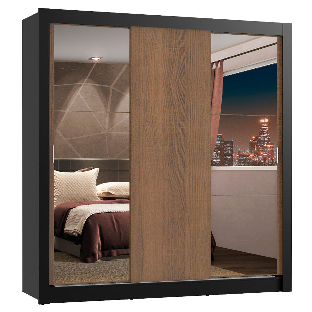 Placard Matrimonial Lyon Plus 3 Puertas Corredizas con Espejos 4 Cajones Marrón/Negro