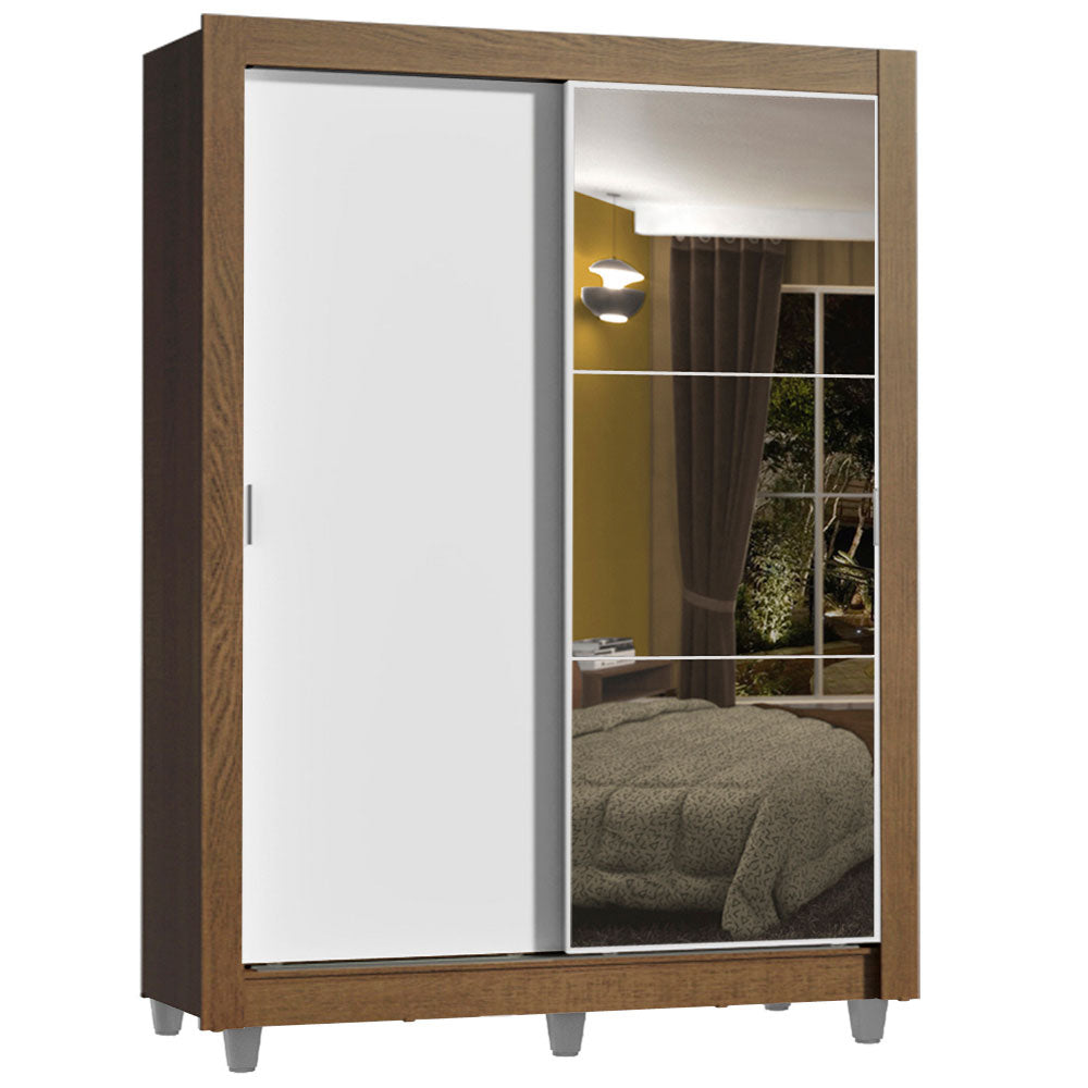 Placard Soltero 2 Puertas Corredizas con Espejo 4 Cajones con Patas Marrón/Blanco Dallas Plus