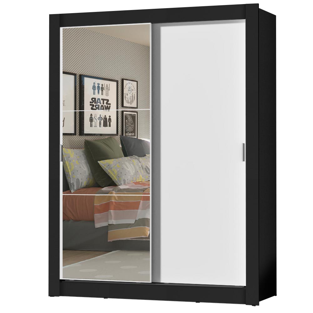 Placard Soltero Dallas Plus 2 Puertas Corredizas con Espejo 4 Cajones Negro/Blanco