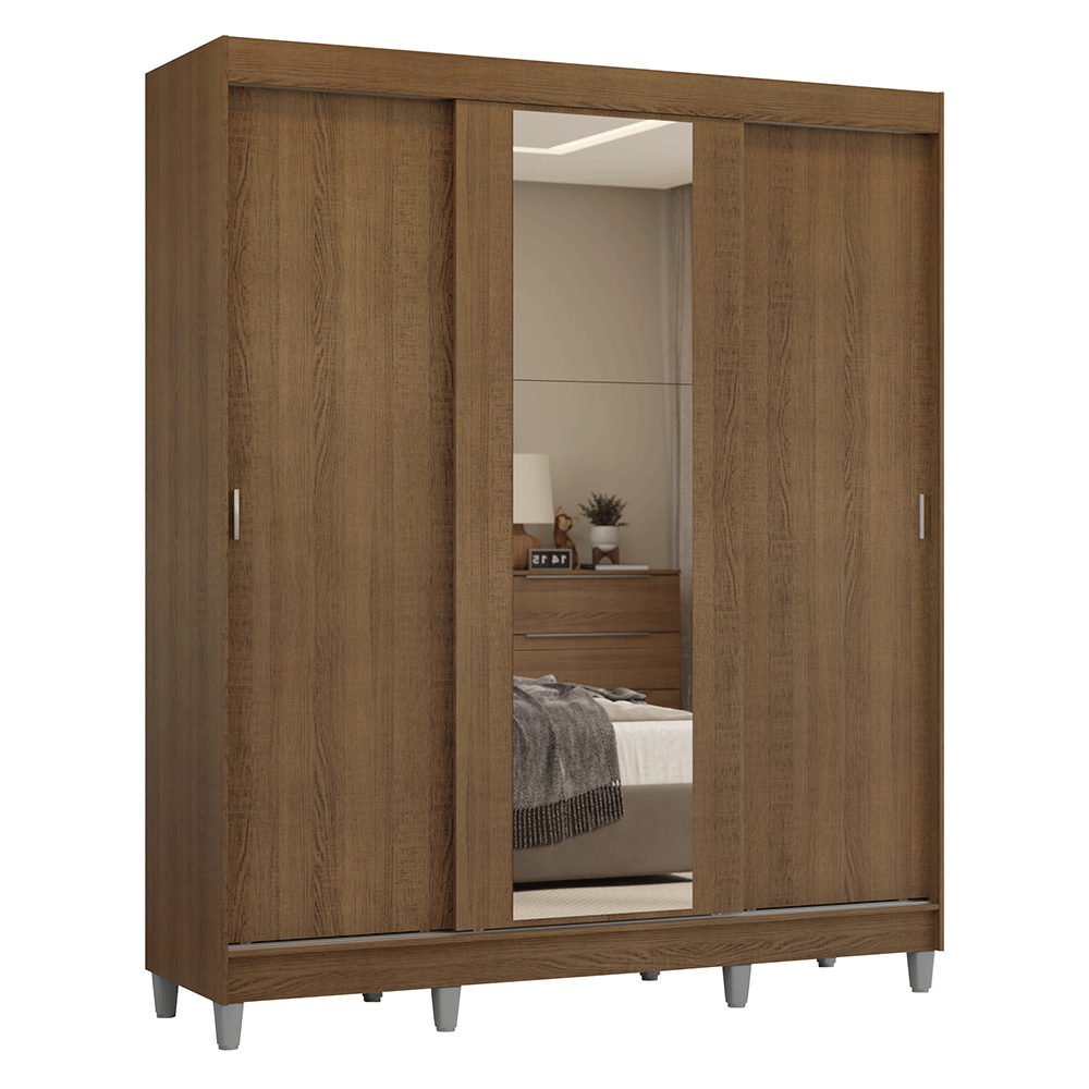 Placard Matrimonial con Patas 180 cm 3 Puertas con Espejo Reno Marrón