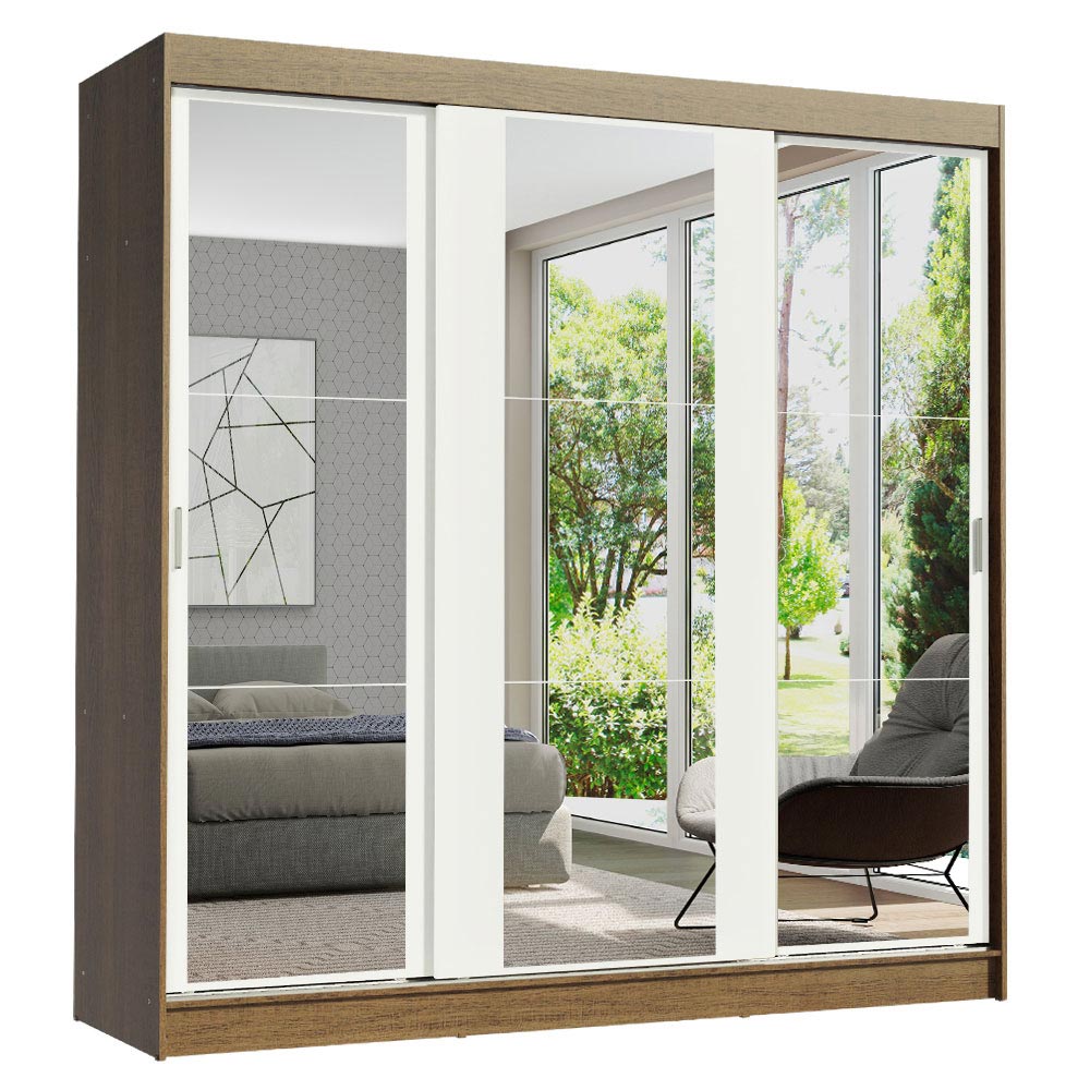 Placard Matrimonial Reno 3 Puertas Corredizas con Espejo - Marrón/Blanco